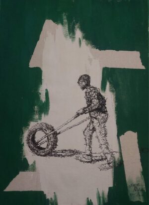 Boy Pushing a Tire
